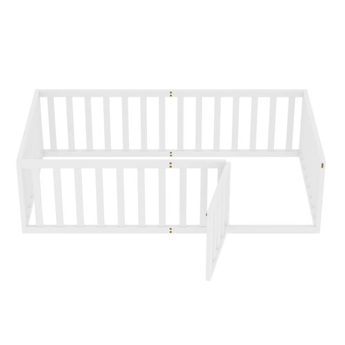 Harriet Bee Twin Size Wood Floor Bed Frame With Fence And Door, White
